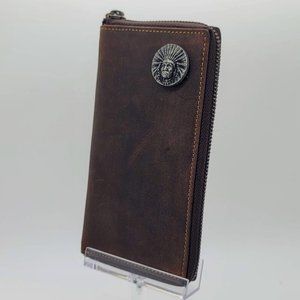 Genuine Leather Men's RFID Blocking Wallet Vintage Long Wallet Checkbook Holder